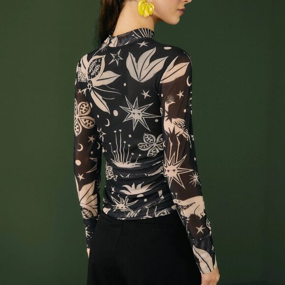 NWT Farm Rio Cerrado Sky Printed Mesh Ruched Mock Neck Long Sleeve Top - Picture 3 of 6